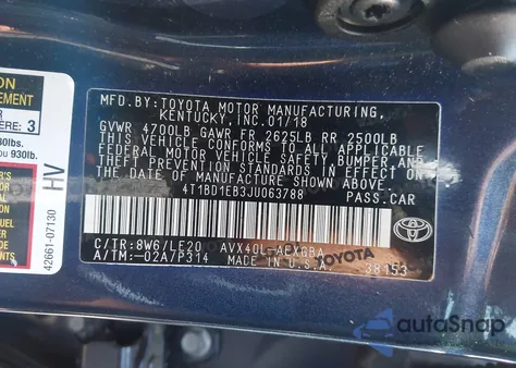 2018 Toyota Avalon Hybrid Xle Premium from USA, damaged, VIN 4T1BD1EB3JU063788